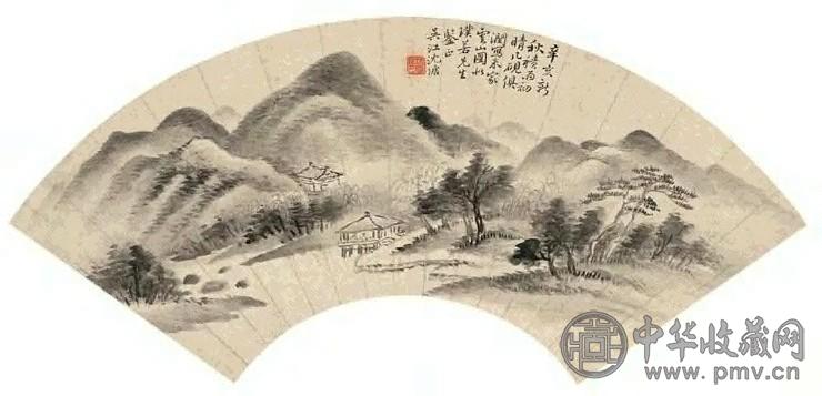 沈塘 1911年作 云山图 扇面 水墨纸本