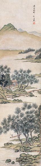 汪樵 清溪疏柳图 立轴 设色纸本