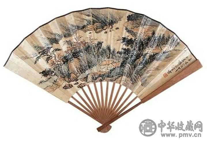 萧谦中 山水书法 扇面 纸本