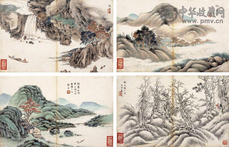 戴祖培 山水 册页(8开选4) 设色纸本