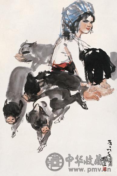 史国良 饲猪图 镜心 纸本