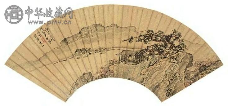 袁江 1706年作 临江亭舍 扇面 设色纸本