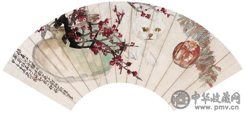 王震 甲子(1924年)作 平安吉祥图 扇片 设色笺本