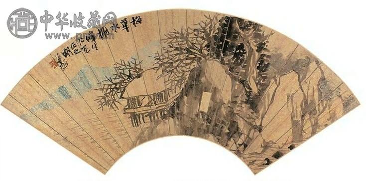 胡公寿 梅花水榭图 扇面 设色洒金笺本