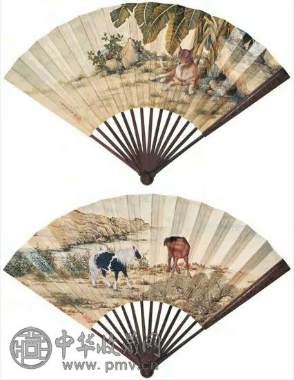 郎世宁(款) 和风双箑 设色洒金笺