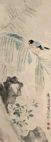 汪溶 蕉石栖禽 立轴 设色纸本