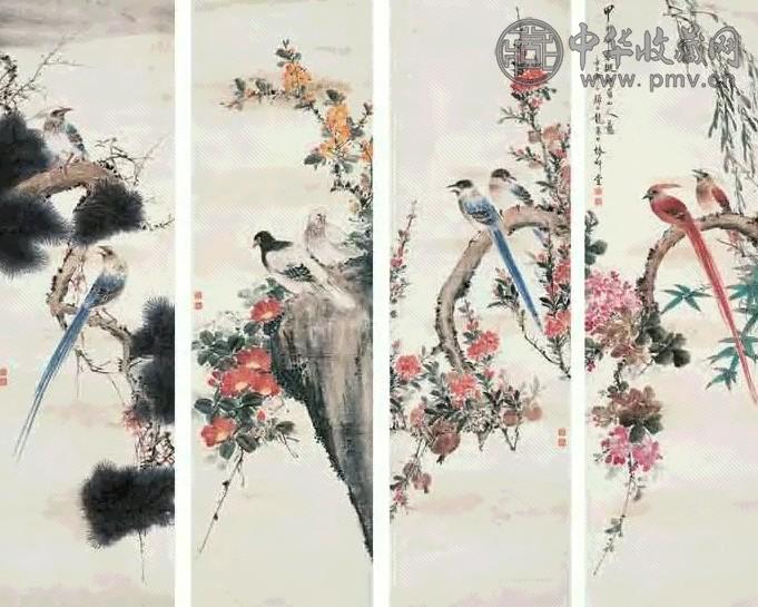 颜伯龙 甲申(1944年)作 花鸟 四屏 设色纸本