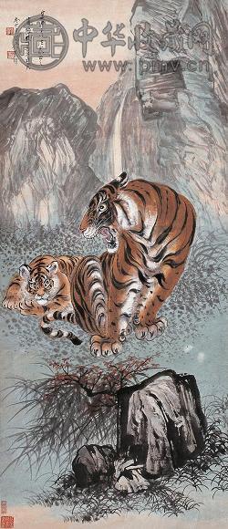 张善孖 戊寅(1938年)作 双虎图 轴 设色纸本