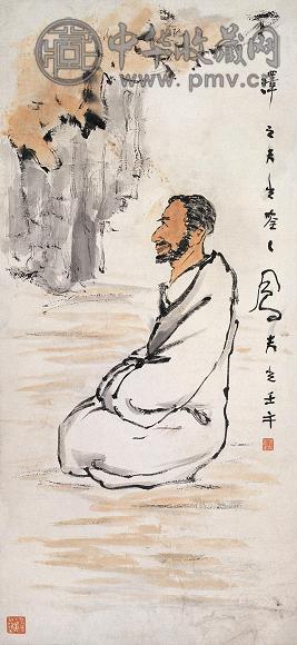 吕凤子 1942年作 达摩面壁图 立轴 设色纸本