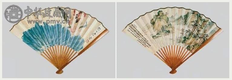 伏文彦、唐云 山水、荷花 扇面 设色纸本