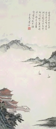 溥儒 江阁双帆图 立轴 设色纸本