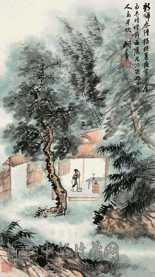 胡若思 田舍夜舂图 立轴 设色纸本