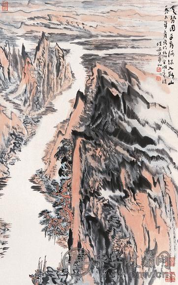 陆俨少 1986年作 山河壮阔 镜心 设色纸本