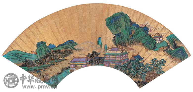 金城 青绿山水 扇面片 设色金笺
