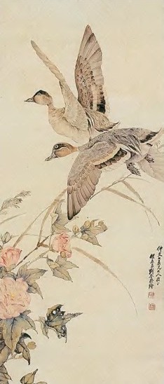 刘奎龄 芙蓉双雁 轴 纸本设色