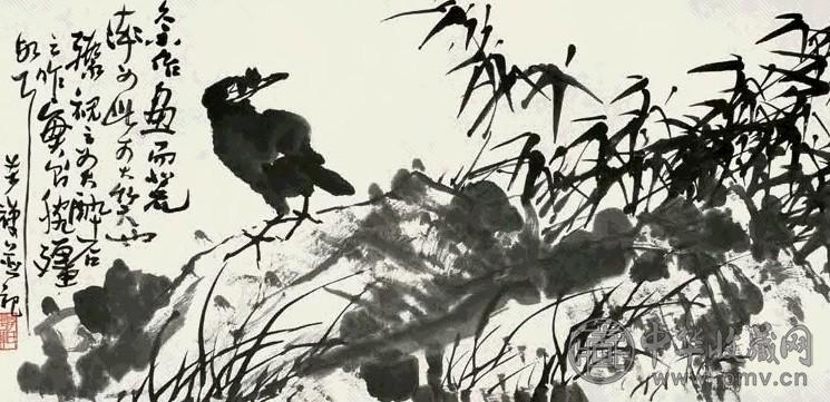 李苦禅 竹石小鸟 镜心 水墨纸本