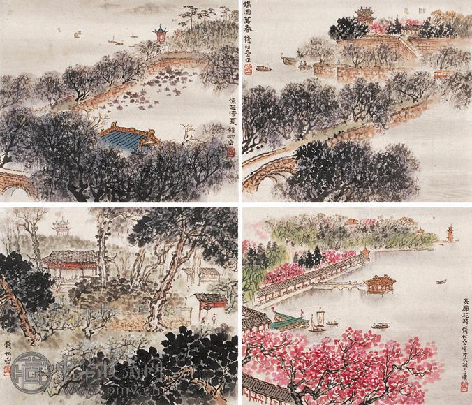 钱松嵒 公园写生四景 镜心(4开) 设色纸本