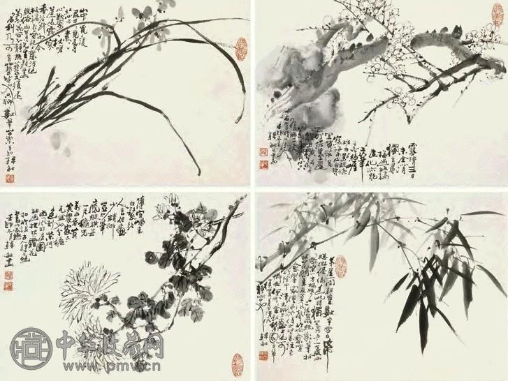 韩敏 梅兰竹菊 册页(4开) 墨色纸本