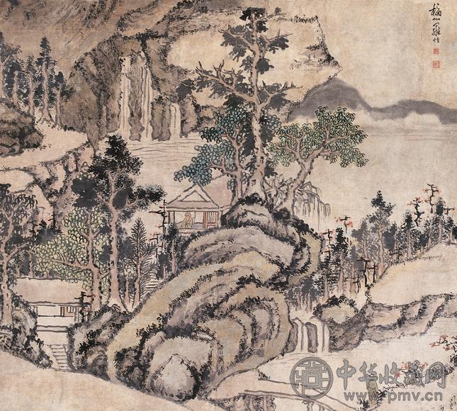 罗烜 溪山高士图 立轴 设色纸本