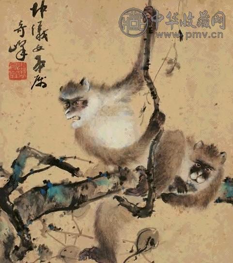 高奇峰 猿啼图镜心设色纸本