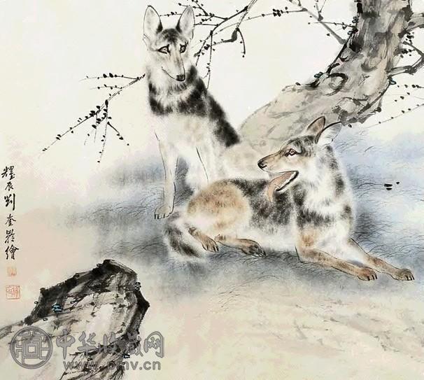 刘奎龄 双狗图 镜心 设色纸本