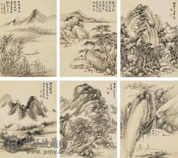 奚冈 甲寅(1794)年作 仿古山水册 册页(12开) 水墨纸本