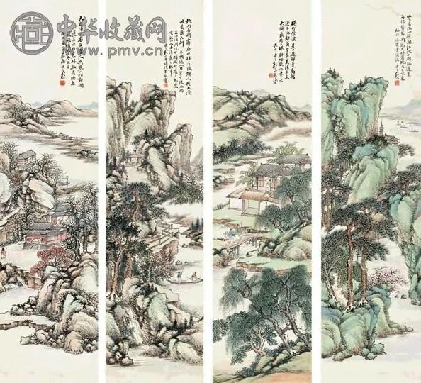 顾颐 1923年作 青嶂四季屏 四屏 设色纸本