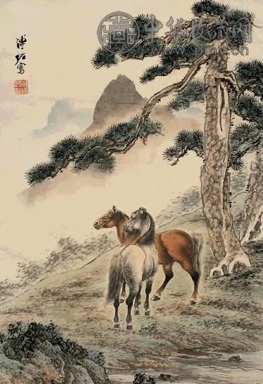 溥佐 松山双逸 立轴 设色纸本