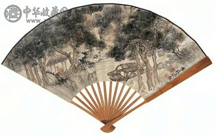 溥佺 舟泊松轩图 隶书论董北苑画风 扇面 十四档 设色纸本