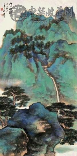 谢稚柳 1991年作 秋山松瀑 立轴 设色纸本