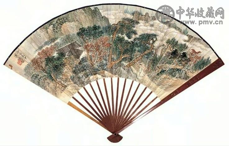 萧谦中 1940年 秋山读易图 扇面 设色纸本