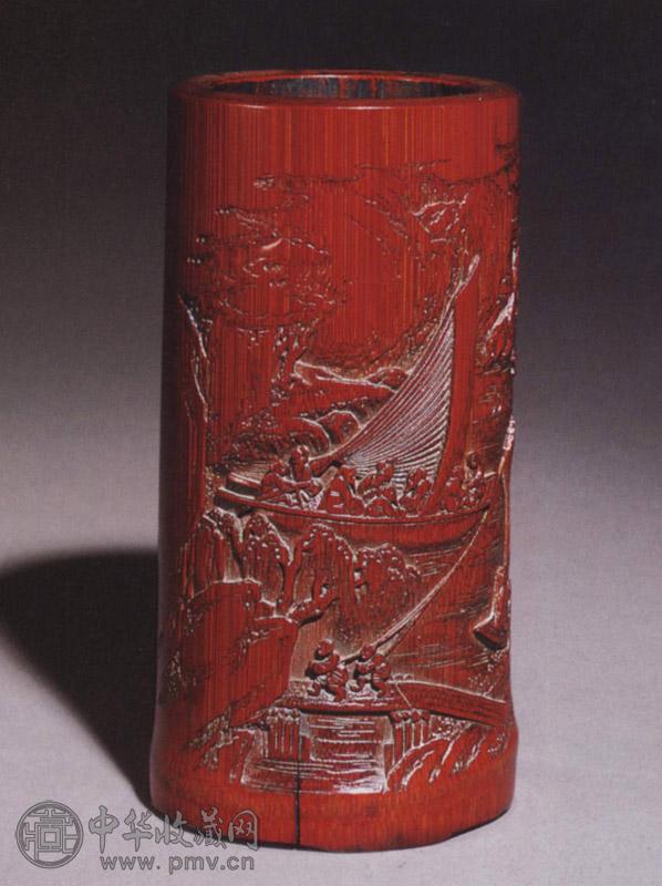 清乾隆 竹雕高士泛舟图笔筒