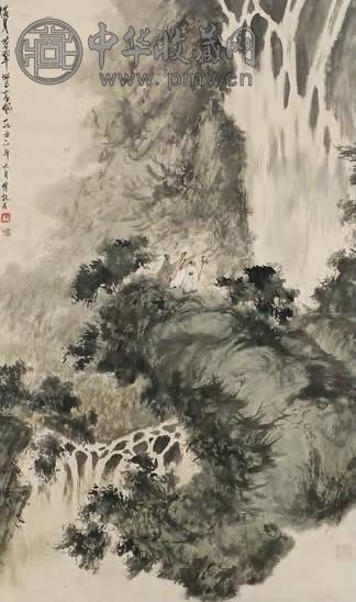 傅抱石 观瀑图 立轴 设色水墨纸本