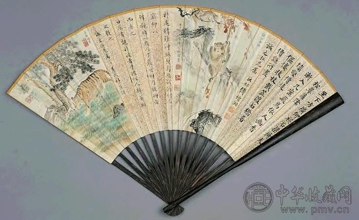 吴镜汀 1942年作 书画集锦 扇面 设色纸本