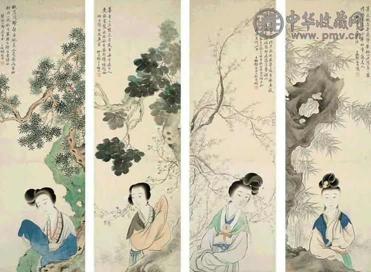 胡锡珪 1882年作 仕女图屏 一堂四屏 设色纸本