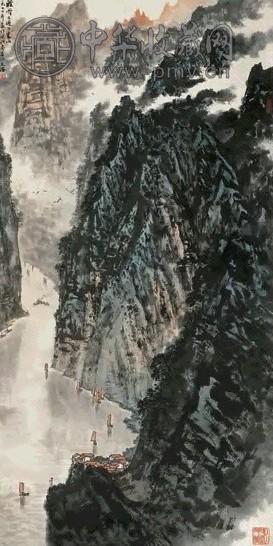 宋文治 1977年作 轻舟已过万重山 立轴 设色纸本