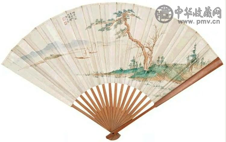 郭传璋 松岸帆影 成扇 设色纸本