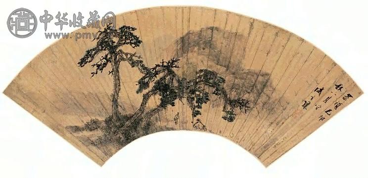 盛茂烨 1675年作 山水人家 扇面 水墨金笺