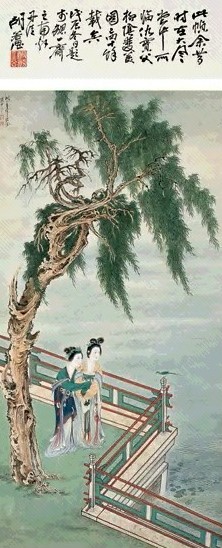 胡若思 1988年作 拟仇实父柳荫双美图 立轴 设色纸本