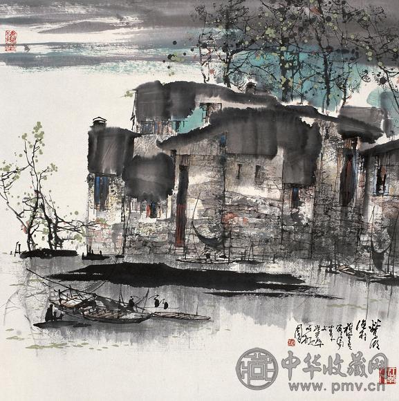 刘懋善 莺湖渔村 立轴 设色纸本