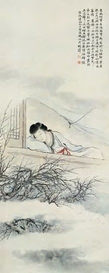 冯超然 1908年 梅花仕女图 立轴 设色纸本
