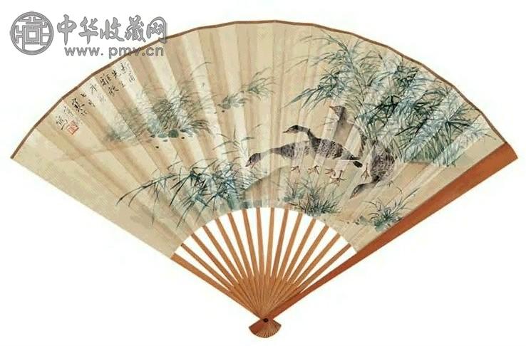 江寒汀 1950年作 芦雁 扇面 设色纸本