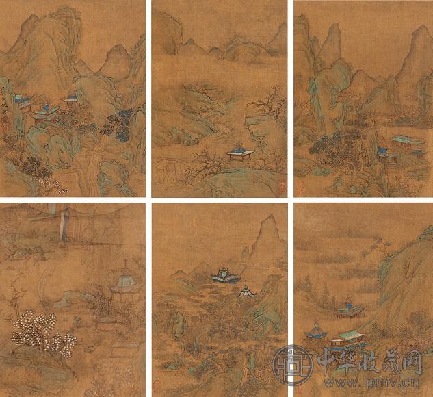 仇英(传) 青绿山水图 册页(8开选6) 设色绢本