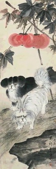 金梦石 1909年作 双狗 立轴 设色纸本