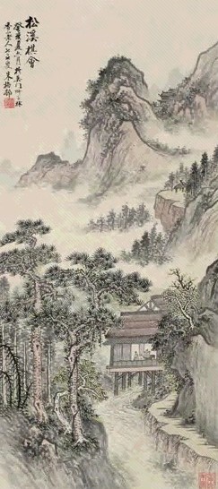 朱梅邨 松溪棋会图立轴设色纸本