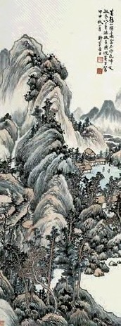 野苹居士 山水 镜心 设色纸本