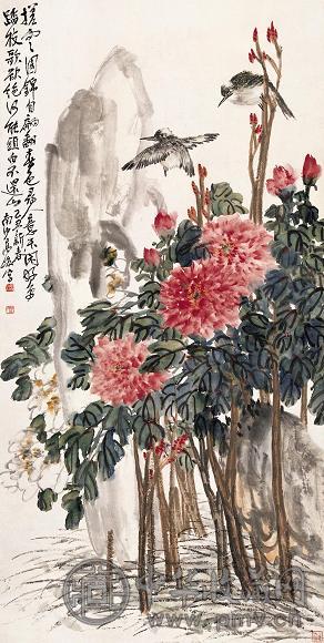 高峻 1925年作 花鸟 立轴 设色纸本