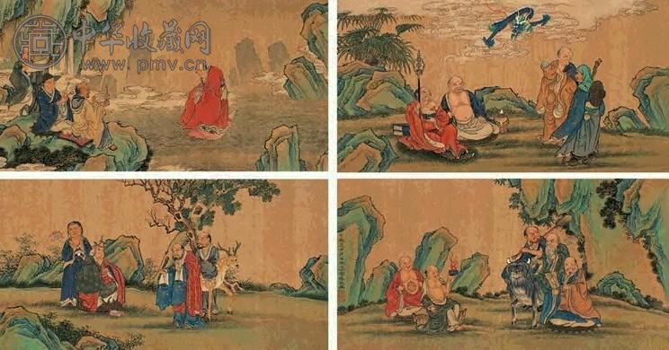 丁云鹏(传) 罗汉图 册页(12开选4) 设色绢本