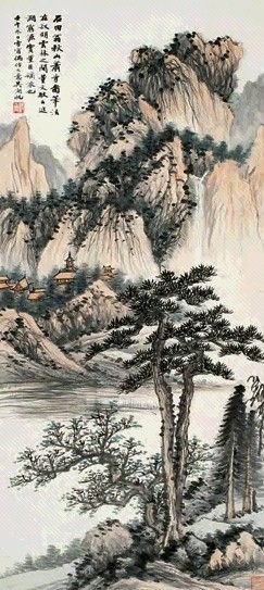 吴湖帆 壬午(1942)年作 秋山萧寺图 立轴 纸本设色