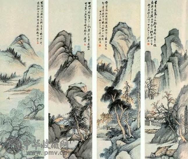 近现代 杨逸 四季山水图 四屏